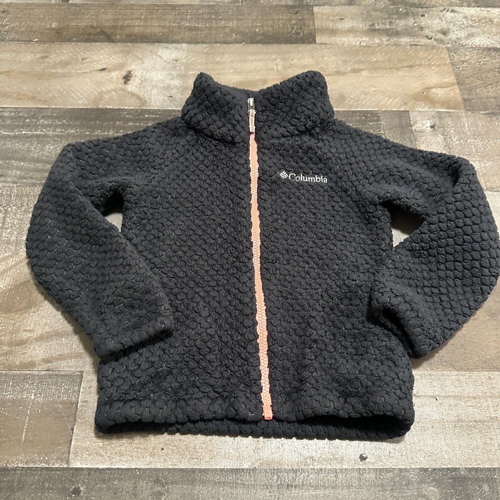 Columbia fuzzy fleece jacket pink full-length zipper -black Kids 6-7Y- size XS-